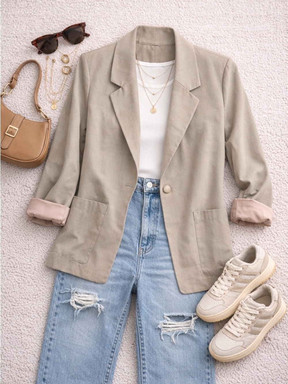 Women's Beige Casual Blazer Jacket - Classic Tailored Coat